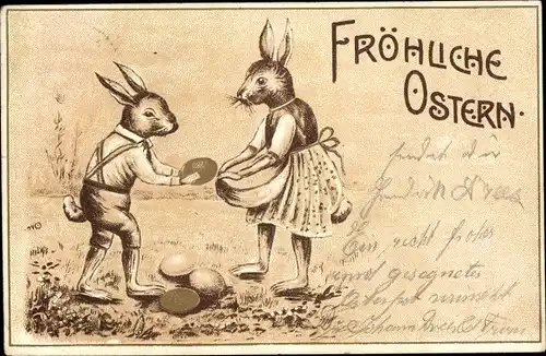 Präge Ak Glückwunsch Ostern, Osterhasen, Ostereier