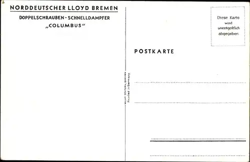 Ak Dampfschiff Columbus, Norddeutscher Lloyd Bremen, Ansicht Backbord