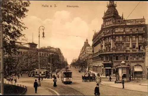 Ak Halle an der Saale, Straßenpartie, Ribeckplatz, Straßenbahn, Hotel Europa