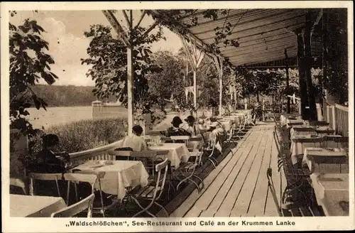 Ak Berlin Zehlendorf, Waldschlößchen, See-Restaurant und Cafe an der Krummen Lanke