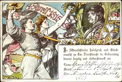 Künstler Litho Fürst Otto von Bismarck, 80. Geburtstag 1 April 1895