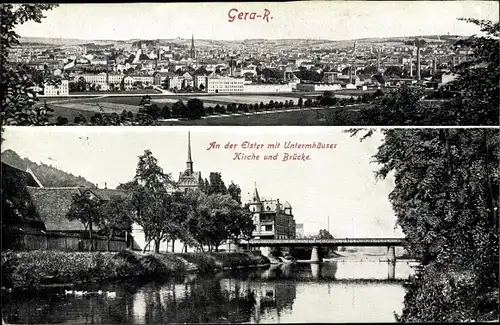 Ak Gera in Thüringen, An der Elster mit Untermhäuser Kirche und Brücke