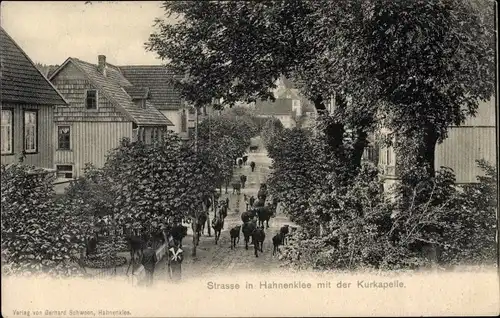 Ak Hahnenklee Bockswiese Goslar im Harz, Straße mit der Kurkapelle, Viehtrieb