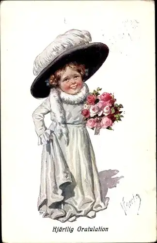 Künstler Ak Feiertag, Karl, Mädchen im Kleid mit Hut, Blumenstrauß, BKWI 482-1