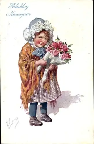 Künstler Ak Feiertag, Karl, Neuhjahrsglückwunsch, Mädchen mit Blumenstrauß