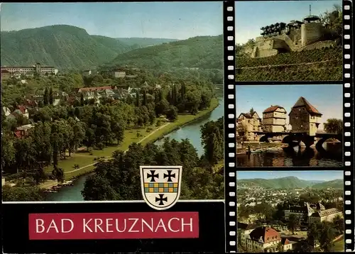 Ak Bad Kreuznach in Rheinland Pfalz, Panorama, Wappen, Brückenhäuser