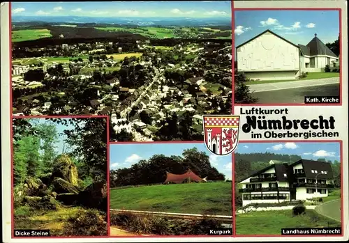 Ak Nümbrecht im Oberbergischen Kreis, Panorama, Dicke Steine, Kurpark, Landhaus, Kirche, Wappen