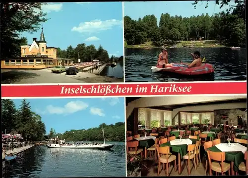 Ak Schwalmtal am Niederrhein, Inselschlösschen Hariksee, Boote, Speisesaal, Gummiboot