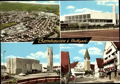 Ak Bernhausen Filderstadt Baden Württemberg, Panorama, Sportplatz, Kirche