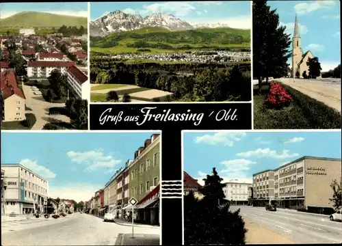 Ak Freilassing in Oberbayern, Panorama, Straßenpartien, Kirche