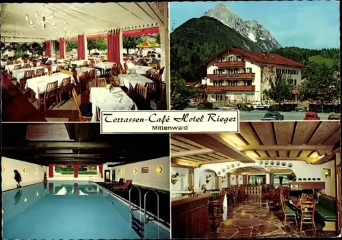 Ak Mittenwald in Oberbayern, Hotel Rieger, Speisesaal, Bar, Schwimmbad