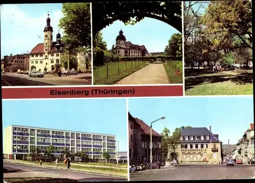 Ak Eisenberg in Thüringen, Im Schlossgarten, Park des Friedens, Neue Schule, Ernst-Thälmann-Platz