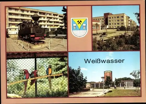 Ak Weißwasser Oberlausitz, Denkmallokomotive, Tierpark, Pflegeheim, Volksschwimmbad, Wasserturm