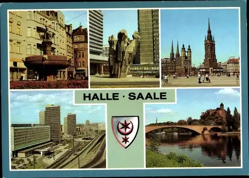 Ak Halle an der Saale, Eselsbrunnen, Am Thälmannplatz, Markt mit Marktkirche, Burg Griebichenstein