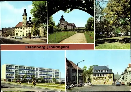 Ak Eisenberg in Thüringen, Schlossgarten, Park des Friedens, Neue Schule, Ernst-Thälmann-Platz