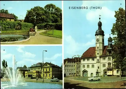 Ak Eisenberg in Thüringen, Im Schloßgarten, Platz der Republik, Brunnen, Rathaus