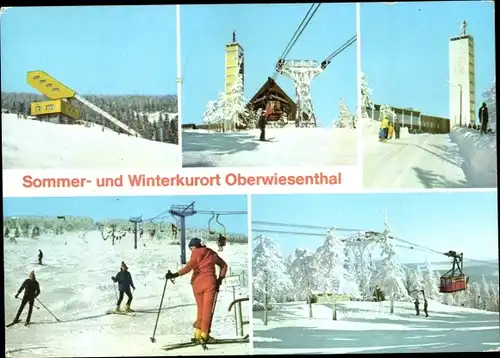 Ak Oberwiesenthal Erzgebirge, Winter, Sprungschanze, HOG Fichtelberghaus, Sessellift, Drahtseilbahn