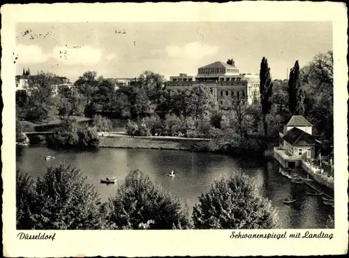 Ak Düsseldorf am Rhein, Schwanenspiegel mit Landtag, Boote
