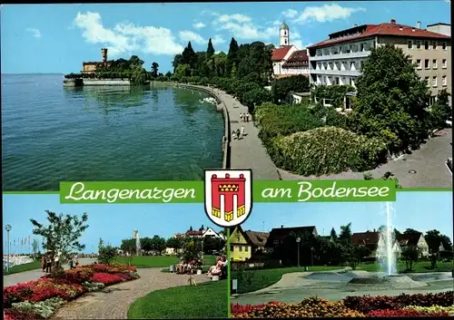 Ak Langenargen am Bodensee, Teilansicht, Wappen, Kirchturm, Fontäne