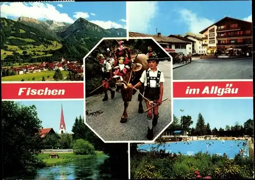 Ak Fischen im Allgäu Schwaben, Panorama, Kirche, Freibad, Trachten, Kühe