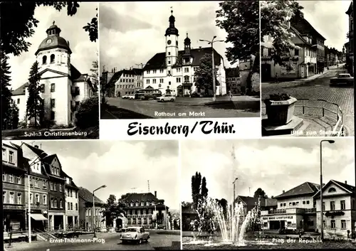 Ak Eisenberg in Thüringen, Rathaus am Markt, Schloss Christianenburg, Platz der Republik, Fontäne