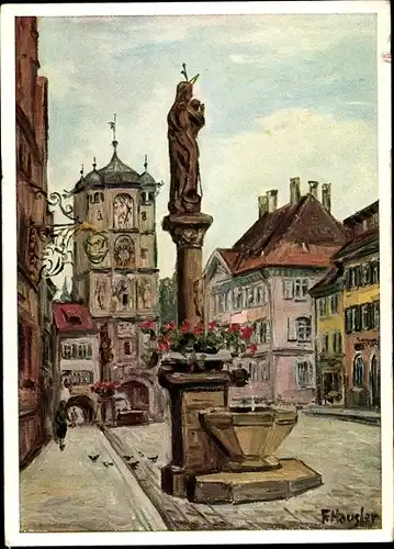 Künstler Ak Hausler, F., Wangen im Allgäu, Brunnen, Tor