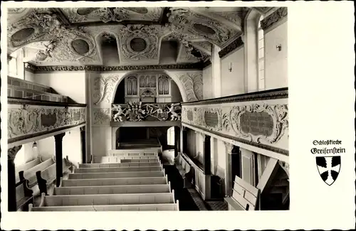 Ak Greifenstein im Westerwald Hessen, Schlosskirche, Innenansicht, Orgel, Wappen