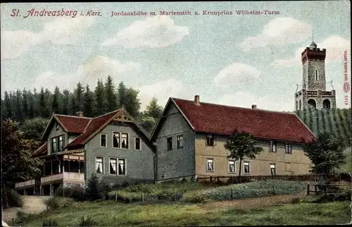 Ak Sankt Andreasberg Braunlage im Oberharz, Jordanshöhe, Marienstift, Kronprinz Wilhelm-Turm