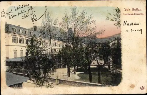 Ak Nassau an der Lahn, Kurhaus-Terrasse, Zaun, Mädchen