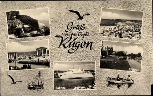 Ak Rügen, Sellin, Baabe, Binz, Saßnitz, Göhren, Fährschiff, Ruderboot, Möwe