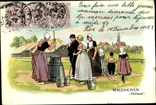 Ak Walcheren Zeeland, Frauen in Trachten, Butterfass