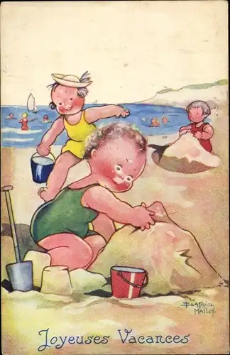 Künstler Ak Mallet, Beatrice, Joyeuses Vacances, Kinder am Strand