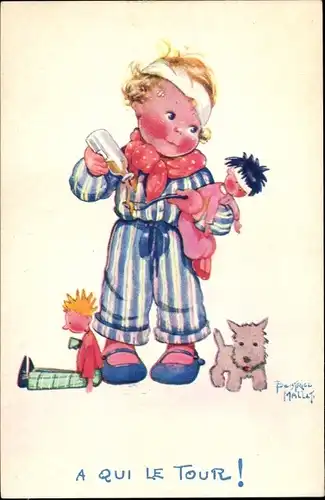 Künstler Ak Mallet, Beatrice, A qui le tour, Kind mit Puppen, Hund