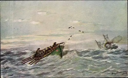 Künstler Ak Seenotrettung, Rettungsboot auf dem Meer, Fischerboot, Möwen
