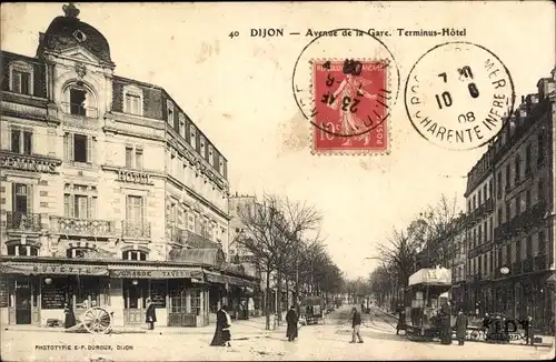 Ak Dijon Côte d'Or, Avenue de la Gare, Straßenbahn, Terminus Hotel