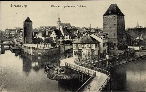 Ak Strasbourg Straßburg Elsass Bas Rhin, Blick v. d. gedeckten Brücken