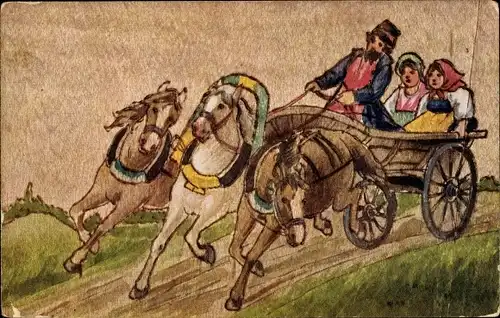 Ak Bauern im Fuhrwerk, Pferde