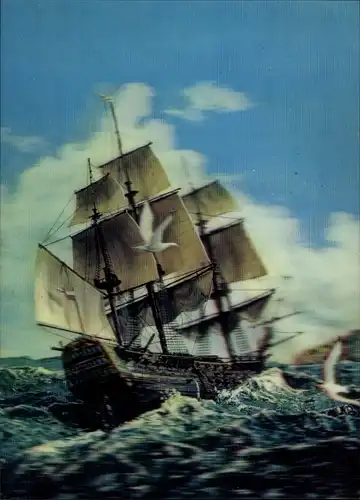3 D Ak Segelschiff auf See, Dreimaster, Möwen
