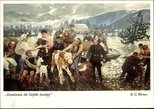 Künstler Ak Werner, R.G., Gemeinsam die Gefahr beseitigt,Deutsch Sowjetische Freundschaft,Hochwasser