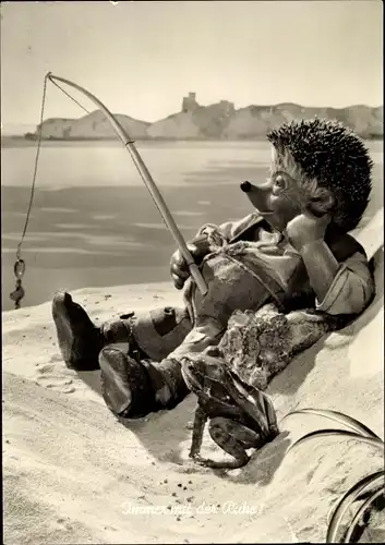 Ak Mecki der Igel, Immer mit der Ruhe, Mecki beim Angeln, Frosch