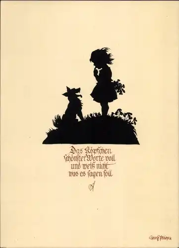 Scherenschnitt Künstler Ak Plischke, Georg, Das Köpfchen schönster Worte voll, Mädchen, Hund