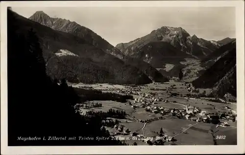 Ak Mayrhofen im Zillertal Tirol, Ort mit Umgebung, Grünberg, Tristen Spitze