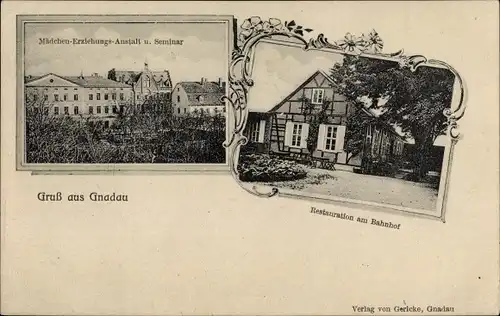 Ak Gnadau Barby an der Elbe, Mädchen Erziehungsanstalt, Seminar, Restauration am Bahnhof