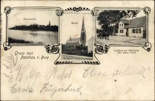 Ak Parchau Burg bei Magdeburg, Kirche, Gasthof zur Erholung, Gesamtansicht