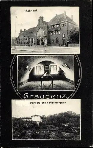 Ak Grudziądz Graudenz Westpreußen, Bahnhof, Weinberg, Fritz Reuter Zelle der Feste Courbière