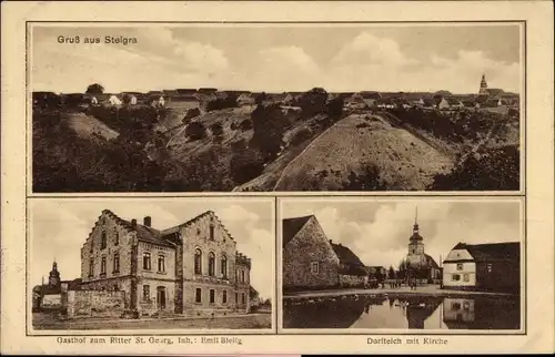 Ak Steigra im Saalekreis, Gesamtansicht, Gasthof zum Ritter, Dorfteich mit Kirche