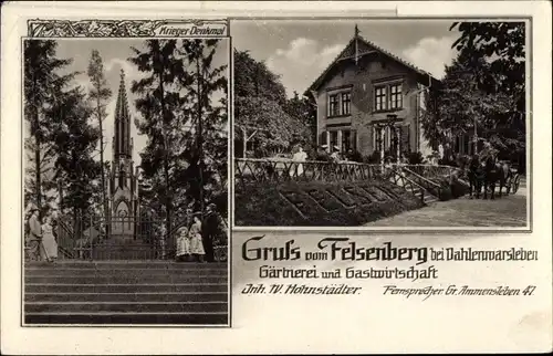 Ak Dahlenwarsleben Niedere Börde Sachsen Anhalt, Gastwirtschaft Felsenberg, Kriegerdenkmal