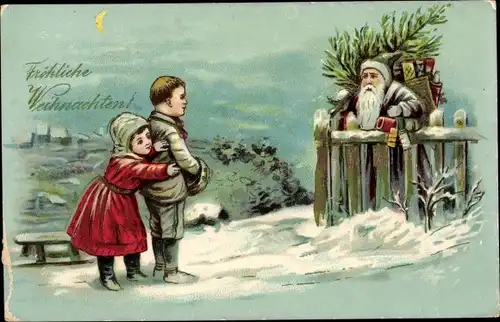 Litho Frohe Weihnachten, Weihnachtsmann, Tannenbaum, Geschenke, Kinder