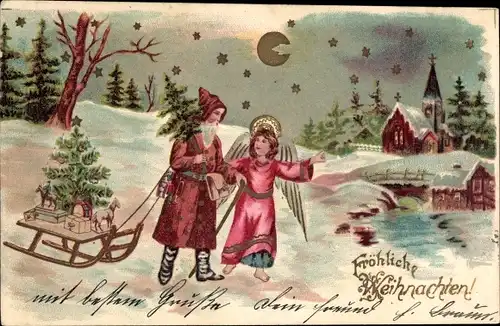 Präge Litho Frohe Weihnachten, Weihnachtsmann, Engel, Schlitten