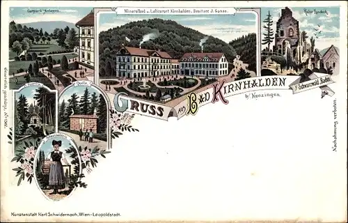 Litho Bad Kirnhalden Kenzingen, Quelle, Kapelle, Parkanlangen, Schwarzwälderin